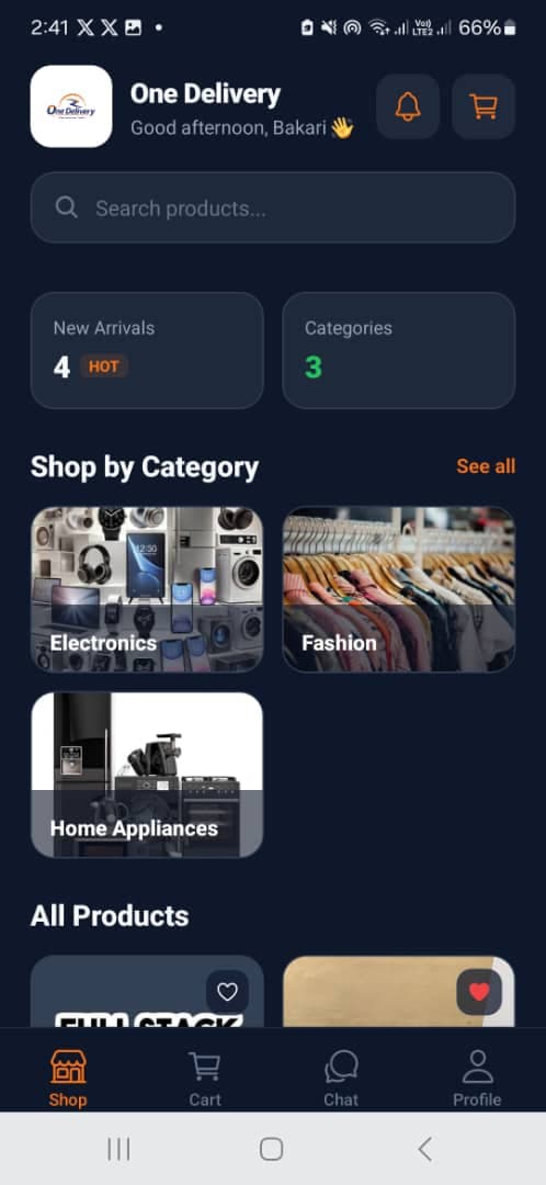 One Delivery shop home screen