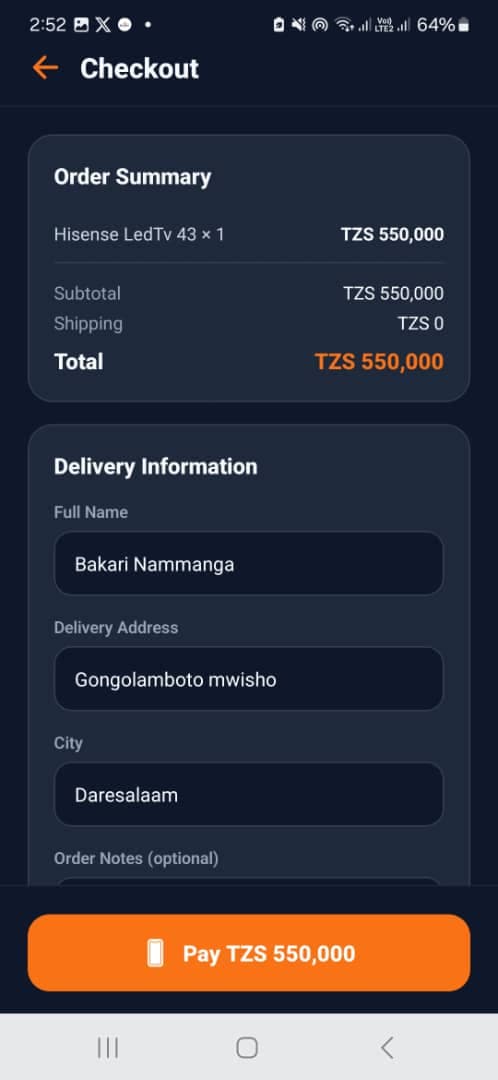 One Delivery order checkout screen